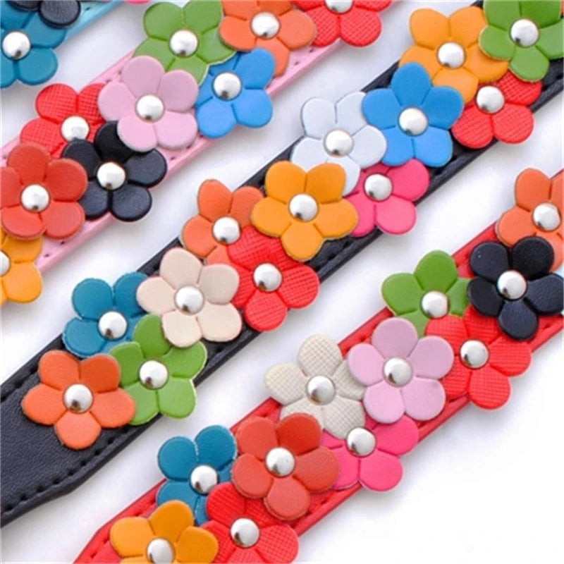 Pu Leather Colorful Flower Studded Pet Dog Collar Puppy Cat Double Row Cute Adjustable Chain Neck Strap Necklace Pet Accessories