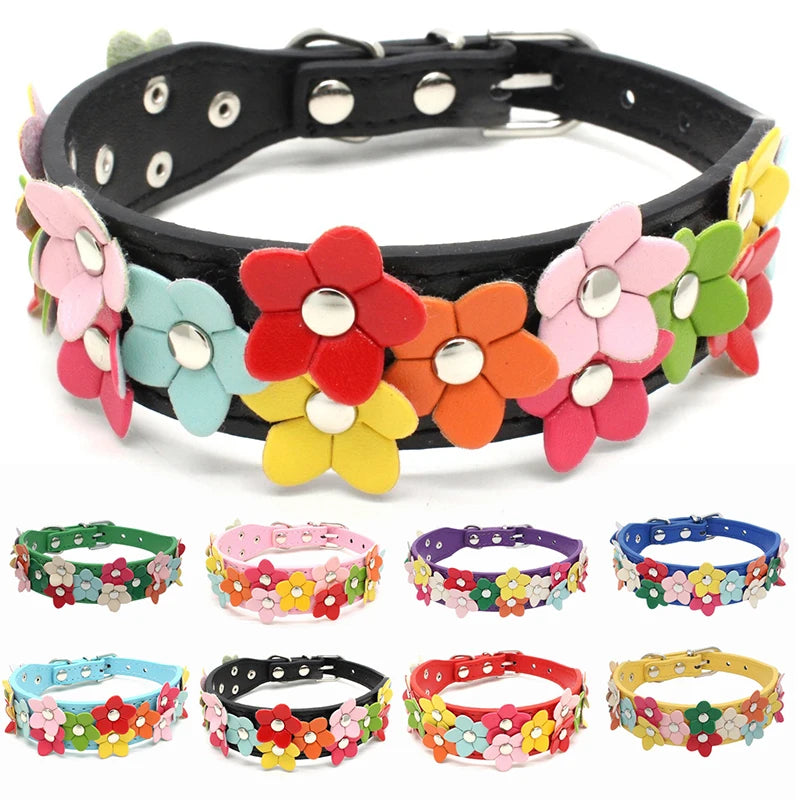 Pu Leather Colorful Flower Studded Pet Dog Collar Puppy Cat Double Row Cute Adjustable Chain Neck Strap Necklace Pet Accessories