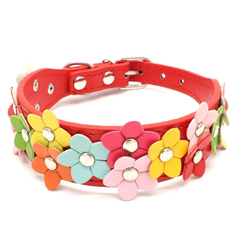 Pu Leather Colorful Flower Studded Pet Dog Collar Puppy Cat Double Row Cute Adjustable Chain Neck Strap Necklace Pet Accessories