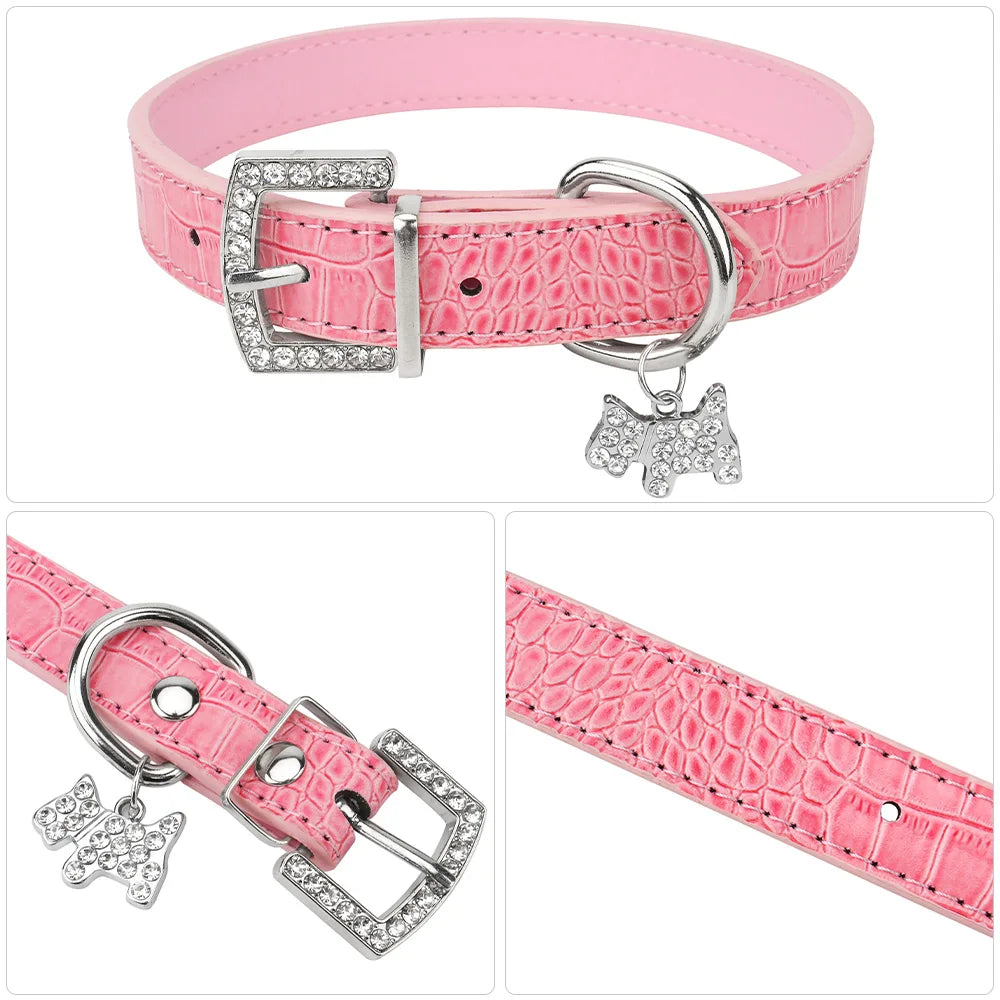 Pu Leather Dog Collar Crocodile Pattern Pet Collar Necklace with Puppy Pendant Rhinestone Buckle for Small Medium Dogs and Cat