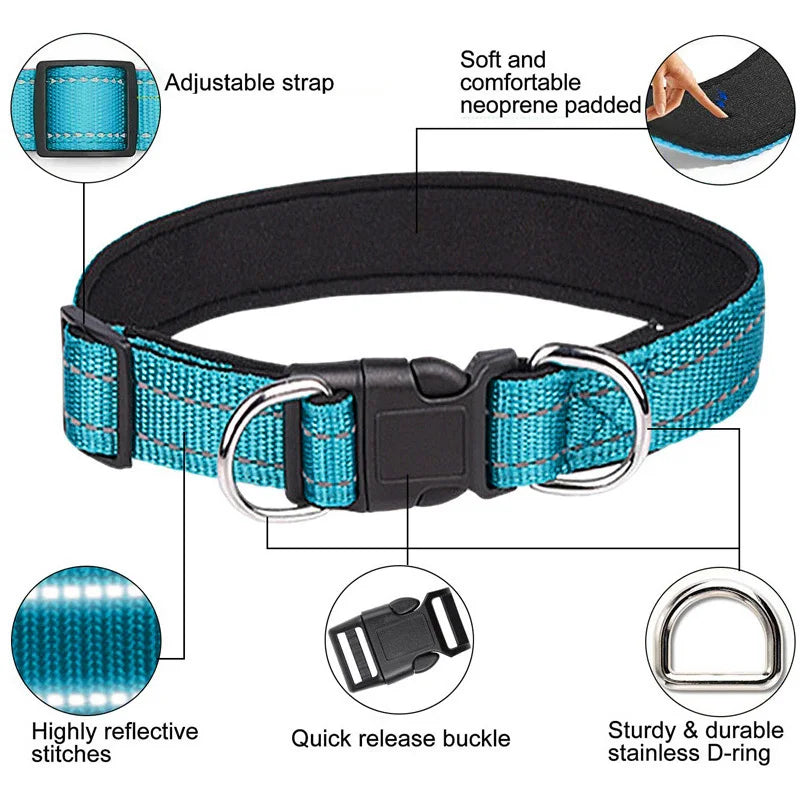 Reflective Dog Collar,Soft Neoprene Padded Breathable Nylon Pet Collar Adjustable for Medium Large Dogs, Neck 25-60 Centimeter